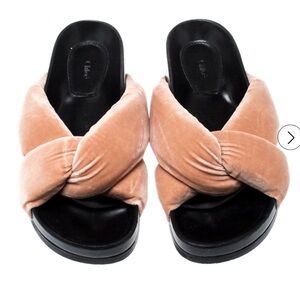 Chloe Knotted Velvet Slides, Rose Beige Size 10
